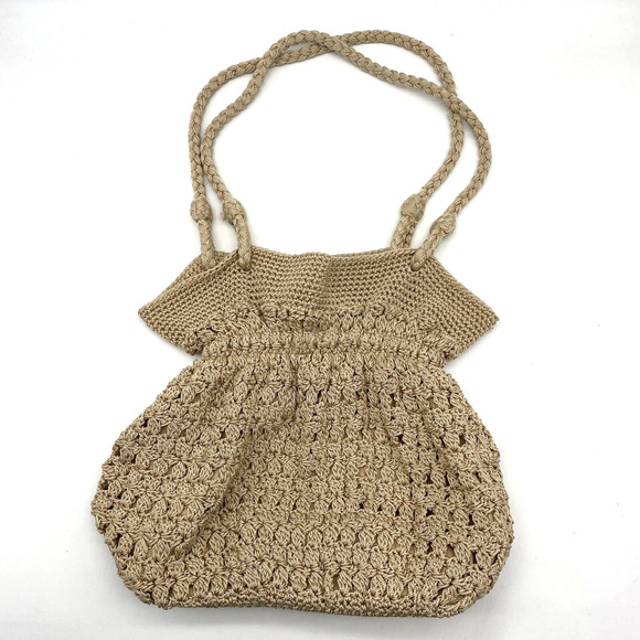 Vintage 00s The Sak Beige Crochet Elastic Top Double Handle Large Shoulder Bag - Picture 1 of 16